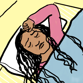 Cartoon image of a female character lying in bed ill by Meredith Li-Vollmer related to Public Health Insider blog post about coming to terms with long COVID