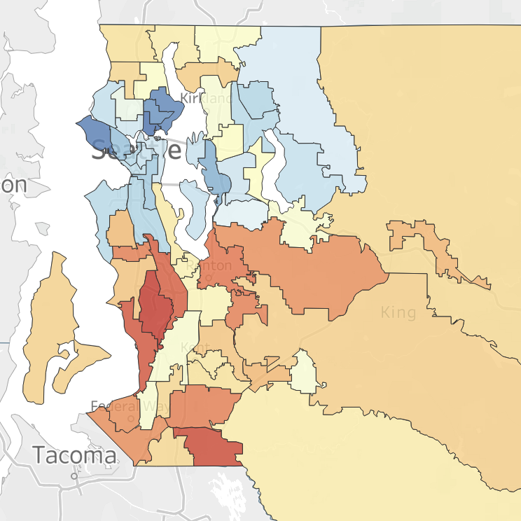 Screenshot of the map of King County showing areas diabetes prevalence from Community Health Indicators data dashboard