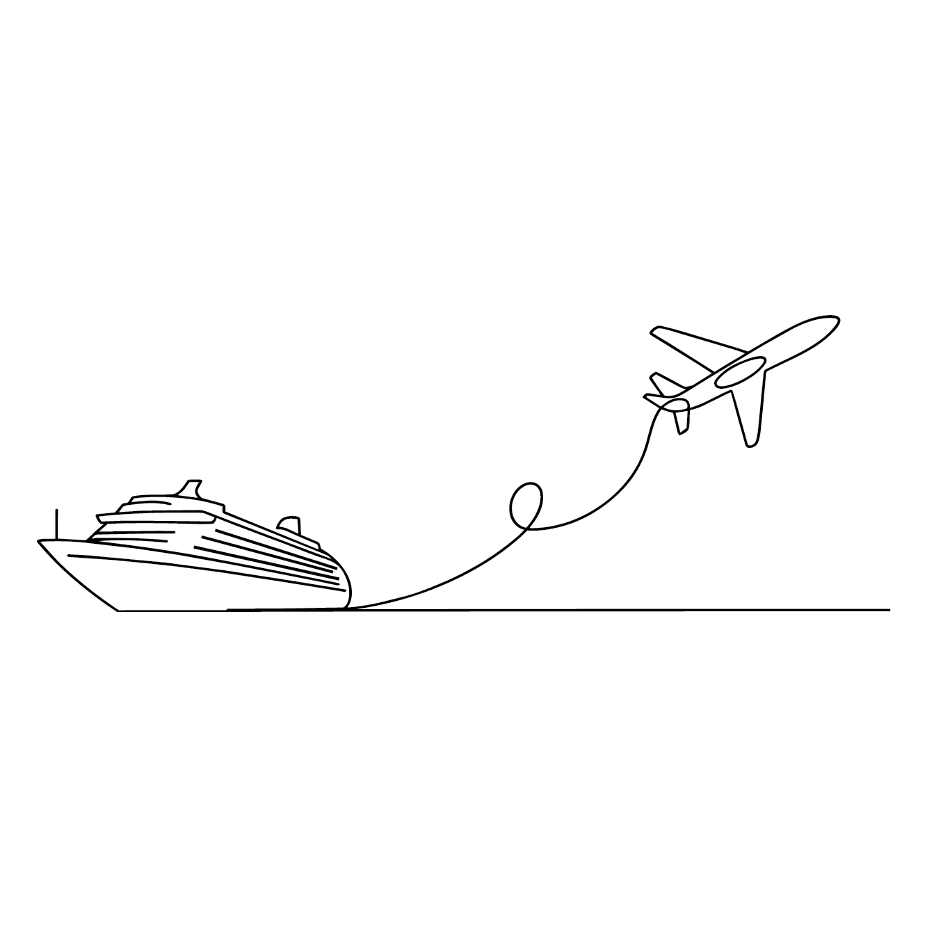 Simple line graphic showing a cruise ship and airplane indicating passenger transportation between each