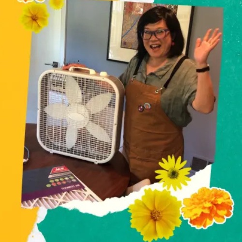 Screenshot image of a Public Health worker demonstrating a do-it-yourself method to create an air filter during poor indoor and outdoor air quality