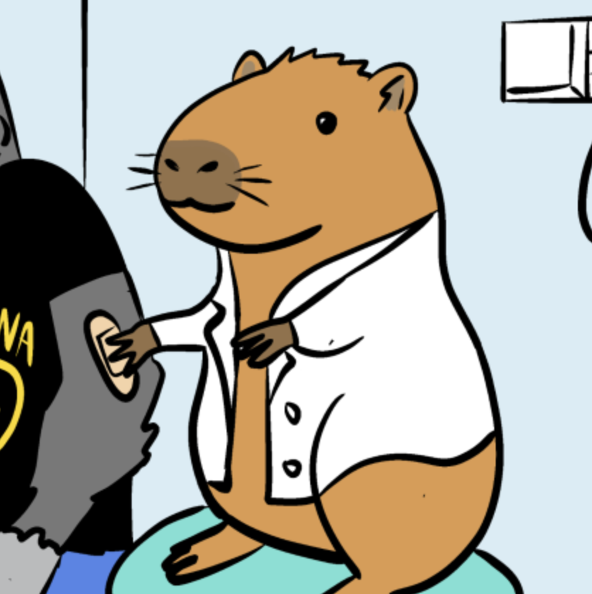 Cartoon image of a capybara working as a health provider providing treatment to a gorilla patient