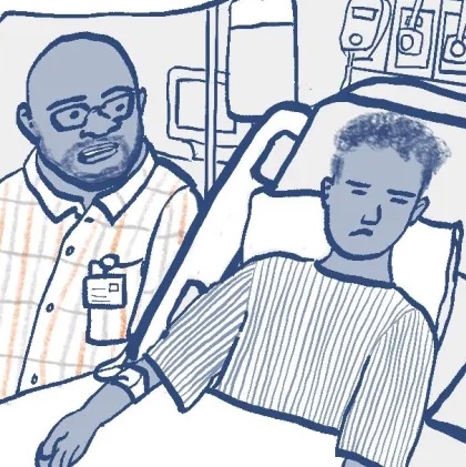 Cartoon image showing family support while in the hospital