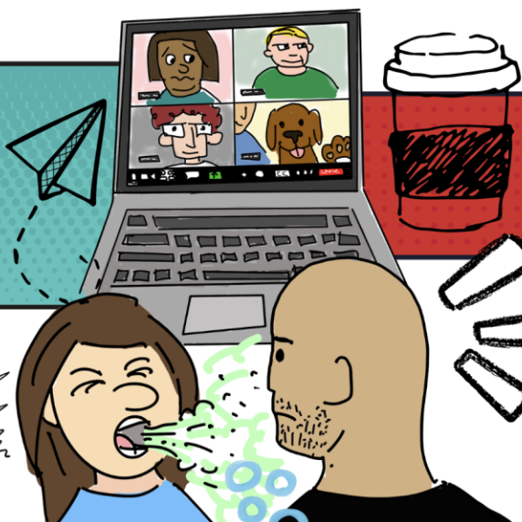 Cartoon image of different outcomes of flu infection in a family