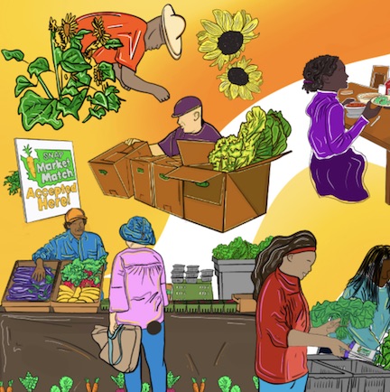 Cartoon image of people shopping at a farmers market