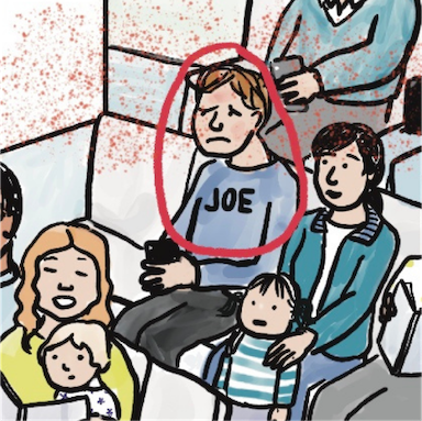 Cartoon image circling an ill man with measles in a crowded venue