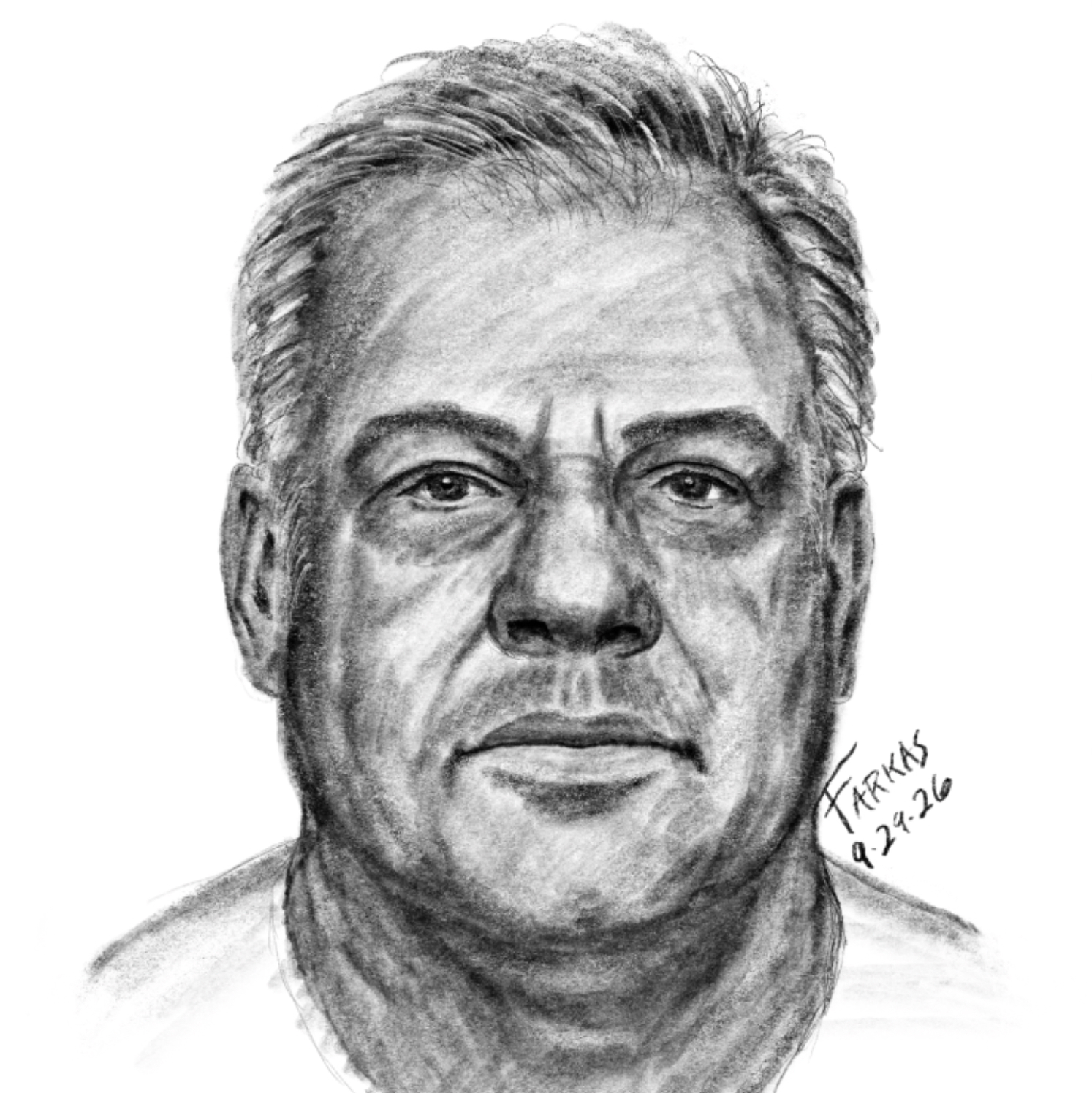 A detailed charcoal or graphite pencil sketch of a middle-aged man's face, presented as a frontal portrait against a plain white background. The subject has short, textured hair, a prominent nose, and a neutral, serious expression. The shading is realistic, emphasizing the contours of the face, cheekbones, and brow. 