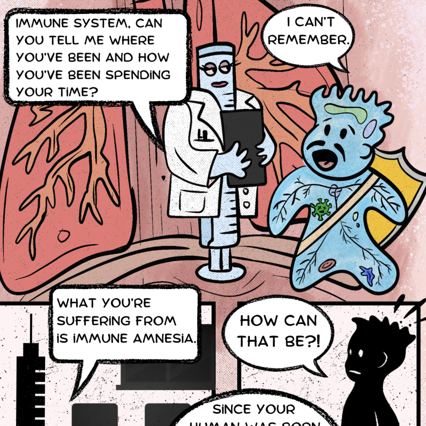 Comic illustration showing how measles can make one's immune system forget