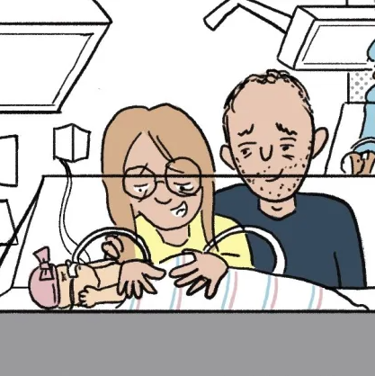 Cartoon image of a young couple looking at their premature baby born in a hospital