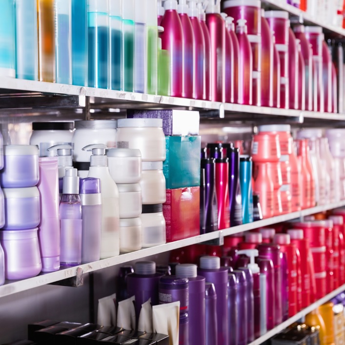 Personal care products on shelves