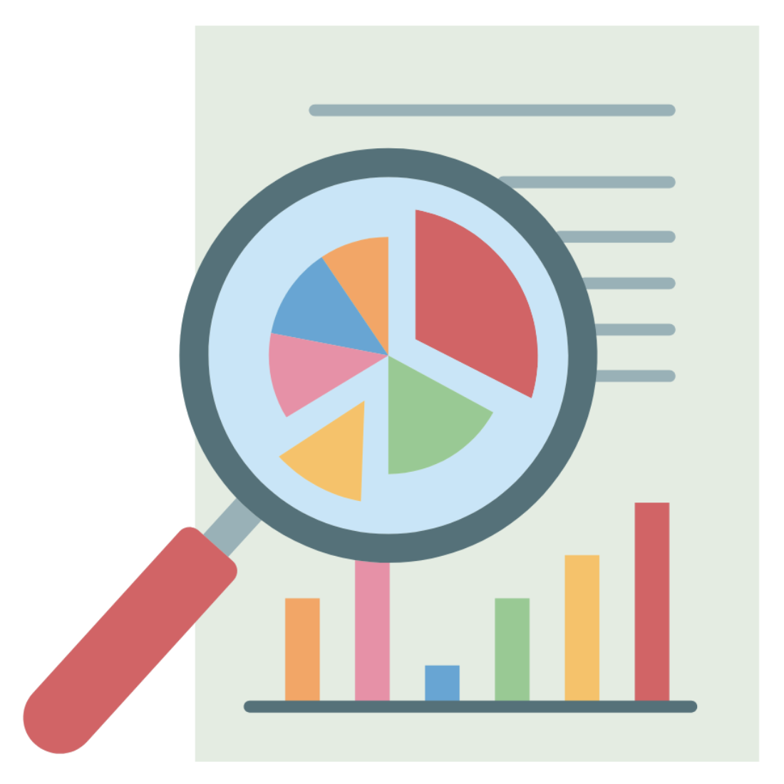 Line graphic showing a magnifying glass focusing on a bar chart indicating data and statistics