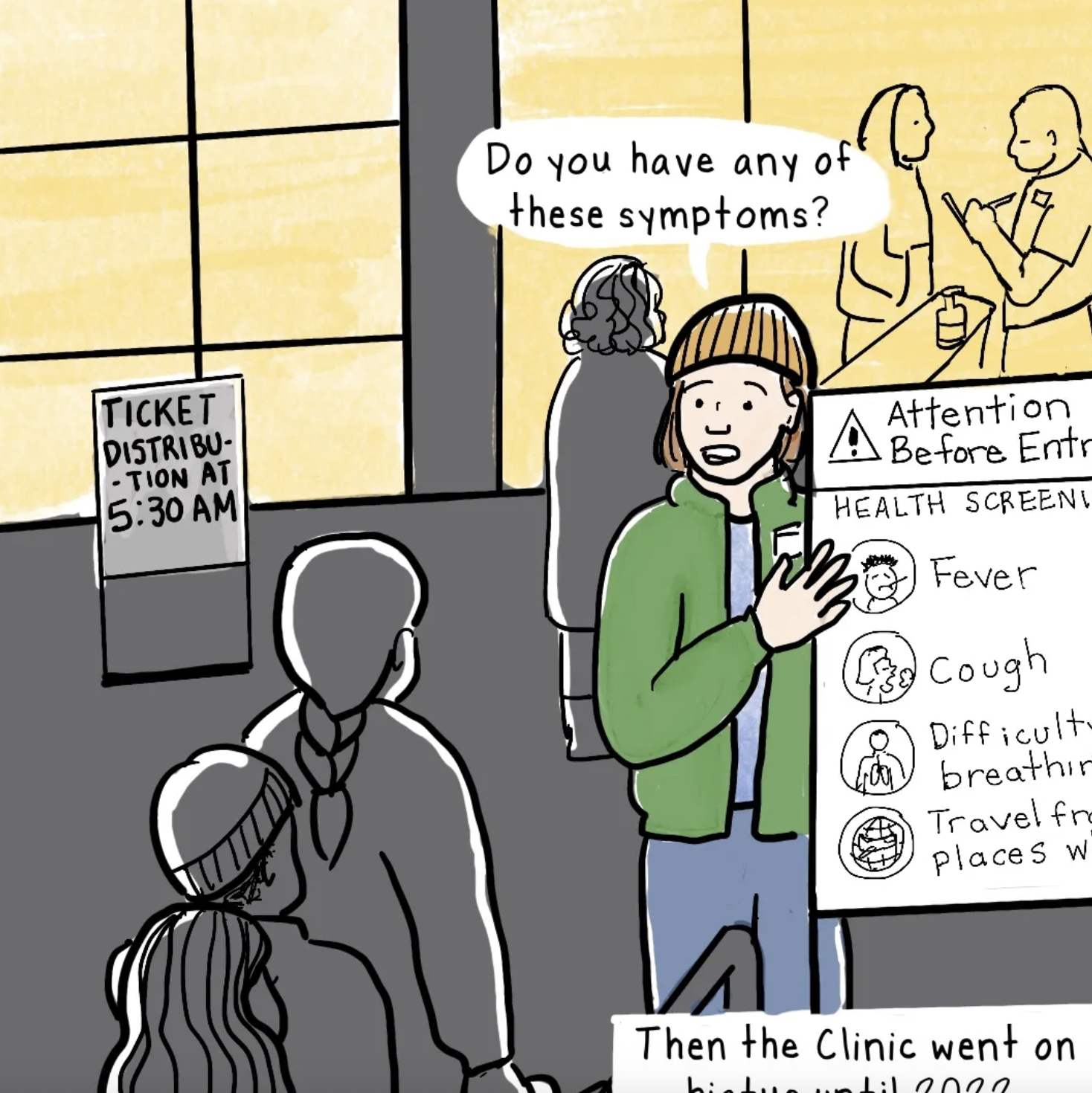 Comic strip about 10 years serving at the Seattle/King County Clinic at the Seattle Center