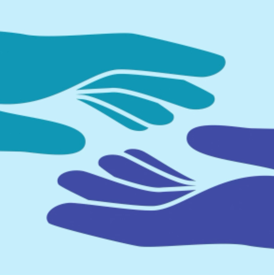 Minimalist vector illustration featuring two stylized hands reaching toward each other against a light blue background. The top hand is teal, angled downwards, while the bottom hand is dark blue, angled upwards. The design uses flat, solid colors and clean, smooth curves to represent a gesture of connection, support, or reaching out, with a focus on negative space between the palms.
