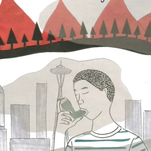 Comic illustration showing high density smog in the air due to wildfire smoke affecting someone with a respiratory condition such as asthma