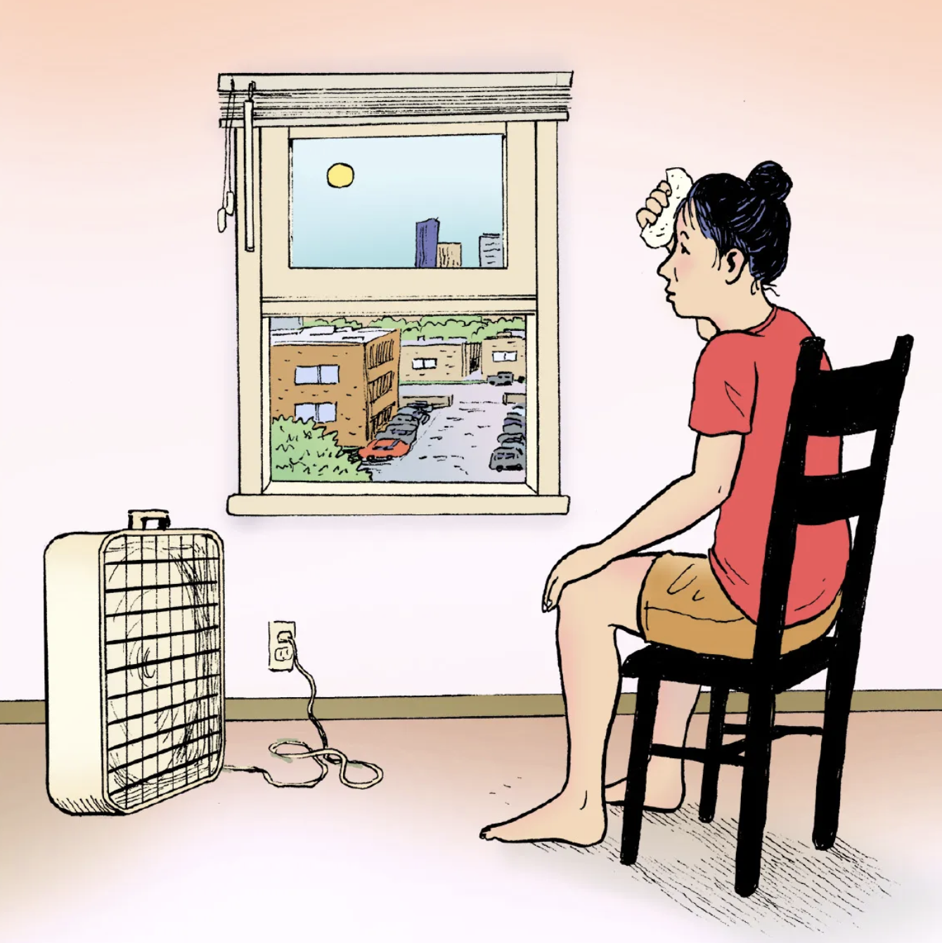 Comic strip illustrating a woman sitting near a window with a plug-in fan to cool herself down from outdoor high heat