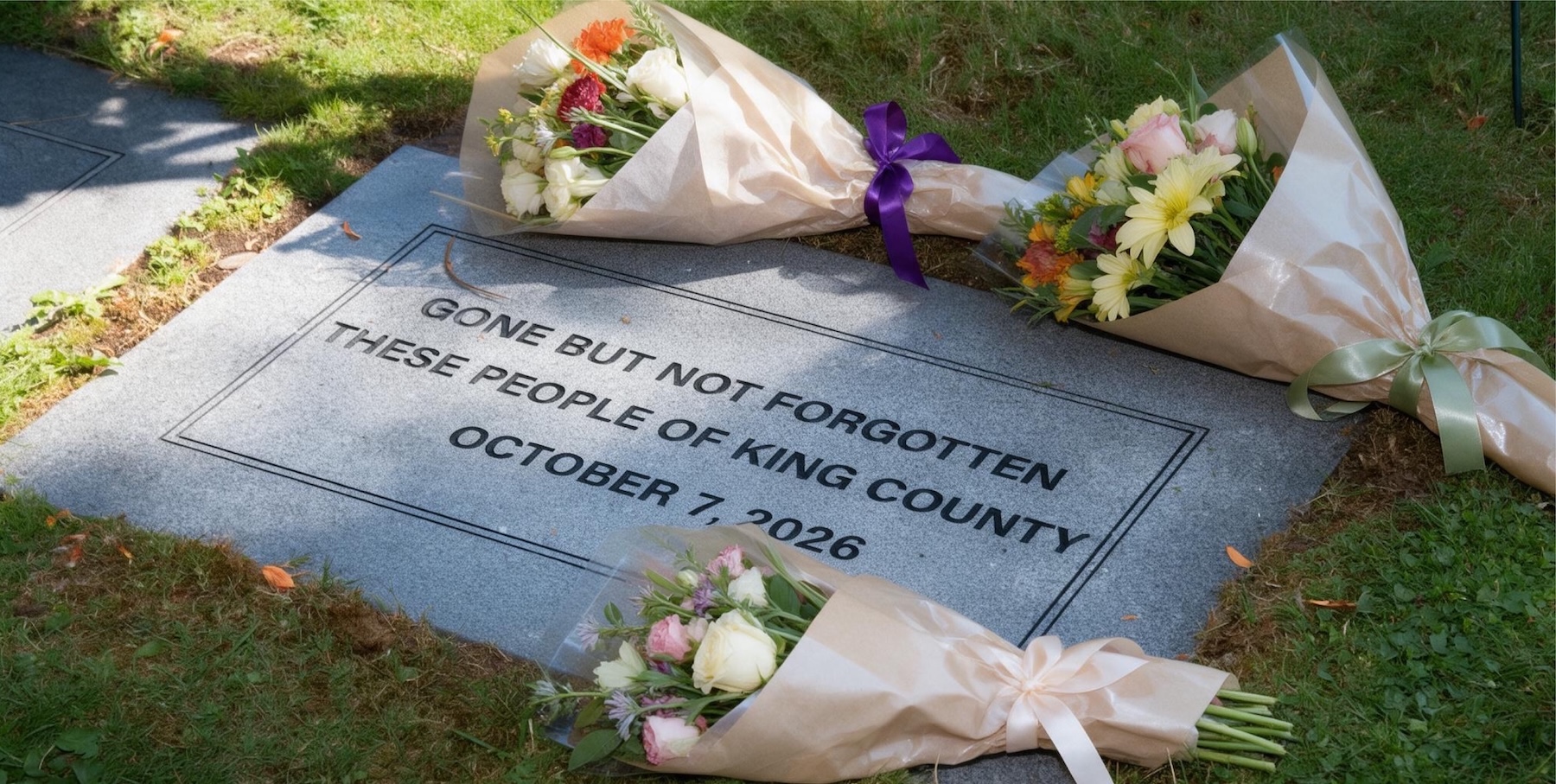 A close-up, high-angle shot shows a granite headstone with an inscription that reads "GONE BUT NOT FORGOTTEN THESE PEOPLE OF KING COUNTY OCTOBER 7, 2026." Three bouquets of flowers are placed on and around the headstone.