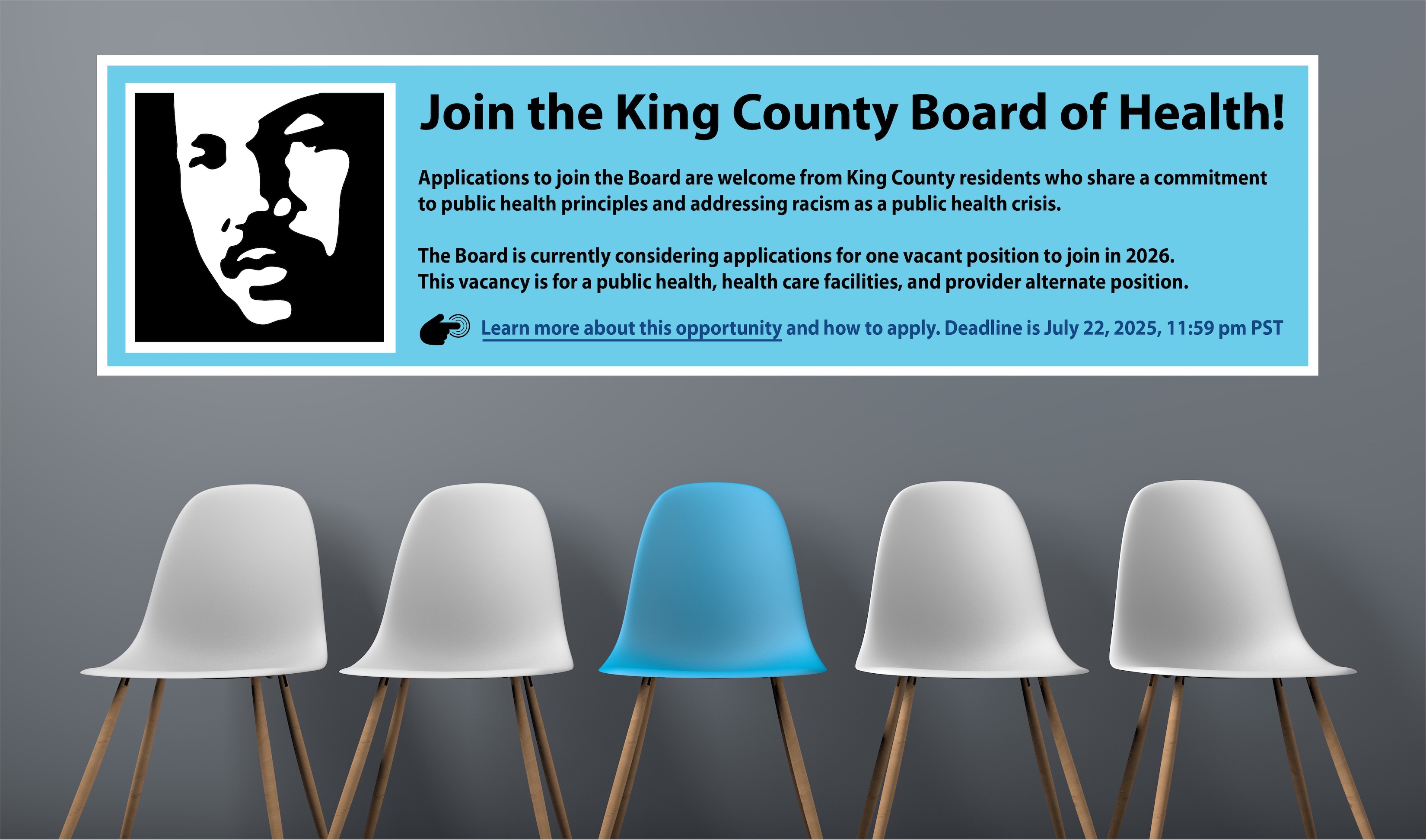 Image banner announcing King County Board of Health recruitment for an alternate member starting in 2026