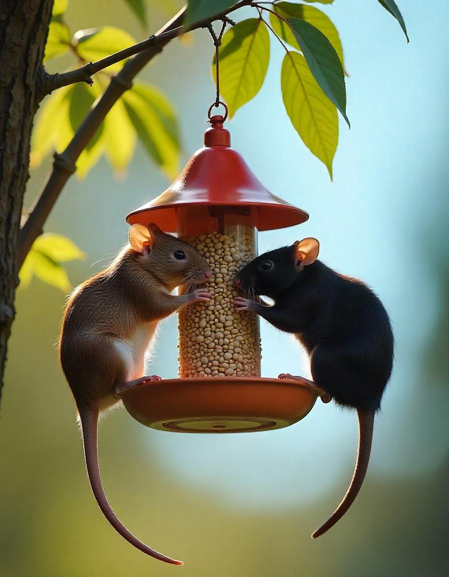 Two rats accessing food from a bird feeder