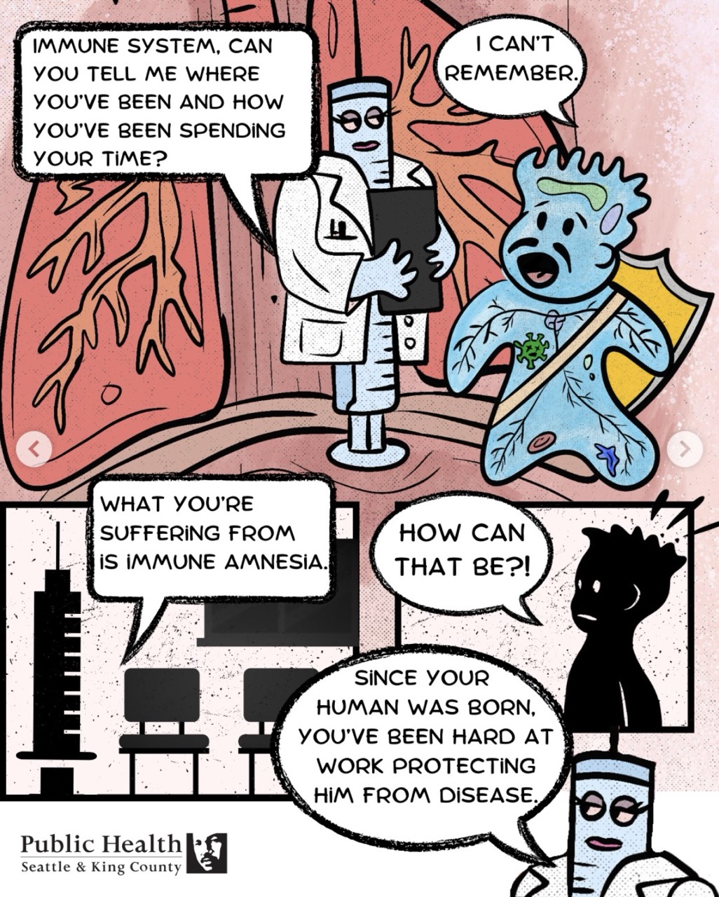Screenshot from Public Health's "How can measles lead to ""immune amnesia"?" comic strip on Instagram