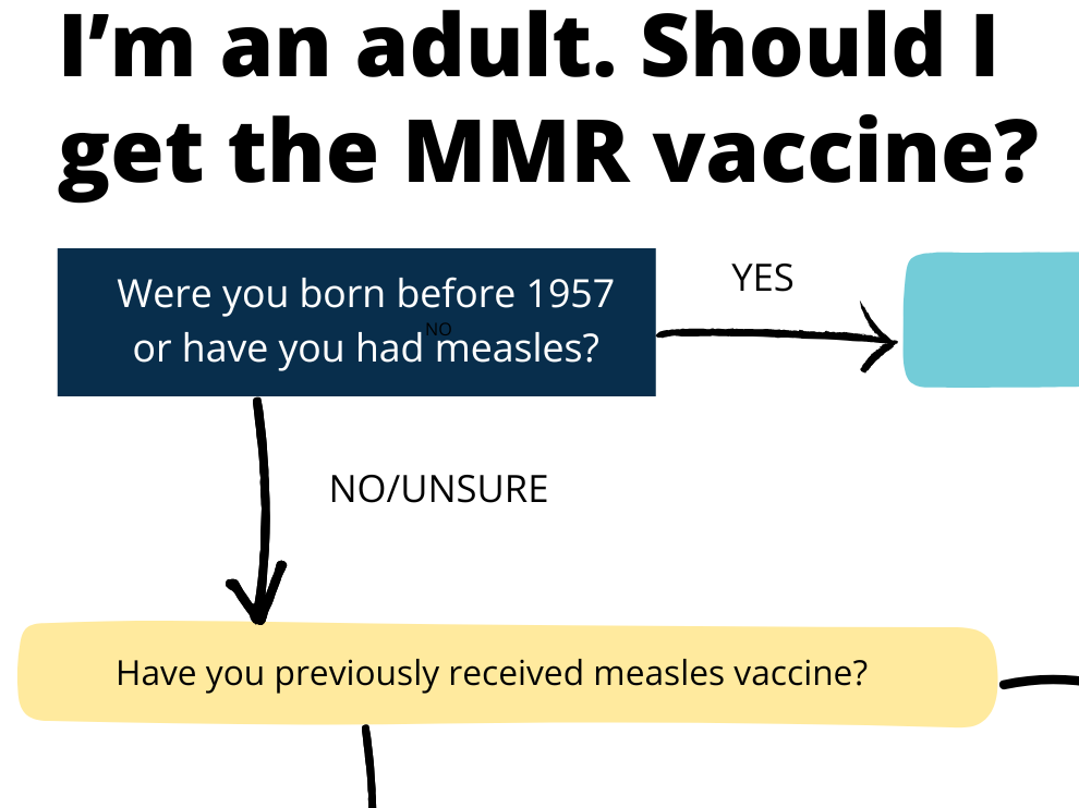 Screenshot of a flowchart that helps one to decide to get an MMR vaccine depending on a set of questions