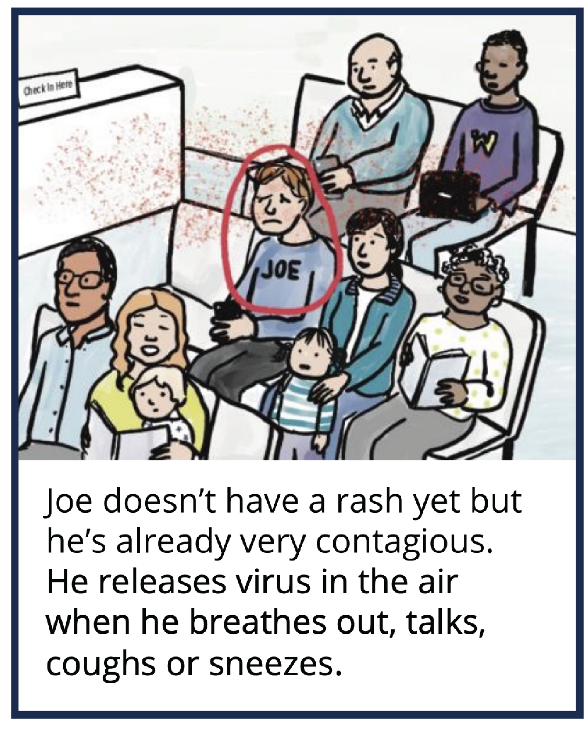 Screenshot of a cartoon about Joe who becomes infected with measles and subsequently spreads the disease in open places.