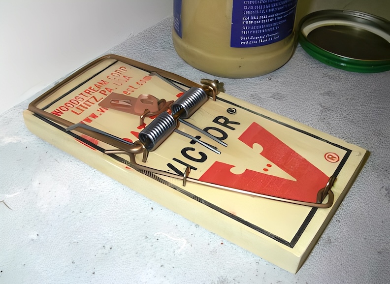 Simple wood rat trap set with a smear of peanut butter as bait