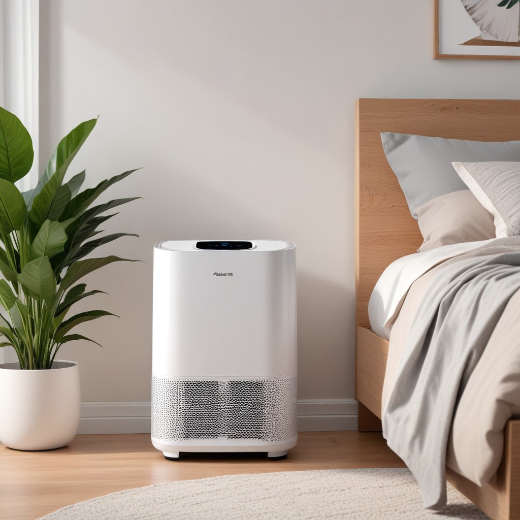 A HEPA air purifier next to a bed