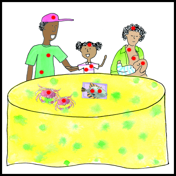 cartoon depicting a family eating fish and crab that is contaminated