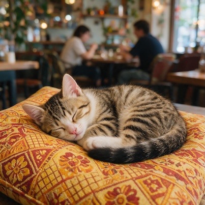 A close-up shot focuses on a tabby kitten sleeping peacefully on a decorative cushion. The kitten is curled up, with its eyes closed and its paws tucked beneath its head. The cushion is a warm yellow with intricate red and orange floral patterns. In the blurred background, two people are seated at tables in what appears to be a cafe or restaurant, with soft lighting and shelves filled with items visible.