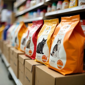 Bags of cat food on a shelf for sale in a pet food store