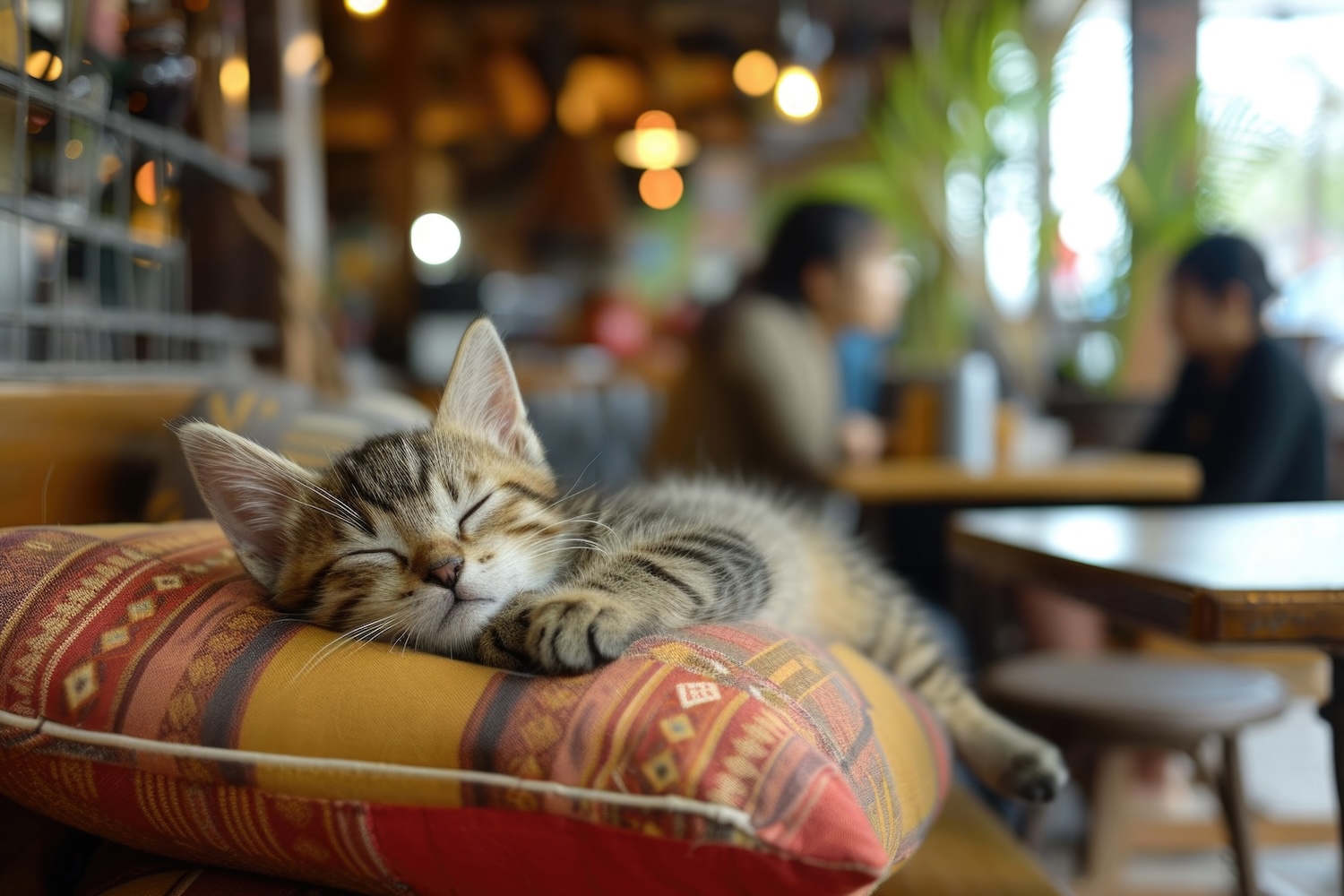 A young cat sleeping on a cushion in a cat-friendly cafe