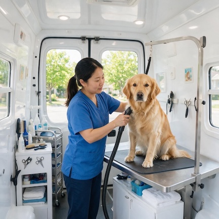 A professional pet groomer in a blue uniform using a drying hose on a golden retriever dog inside a mobile grooming van. The dog is seated on a grooming table, looking directly at the camera with a calm expression. The van's interior is visible, with shelves stocked with grooming supplies, including bottles, brushes, and towels. A metal grooming arm with a restraint is positioned above the table. 