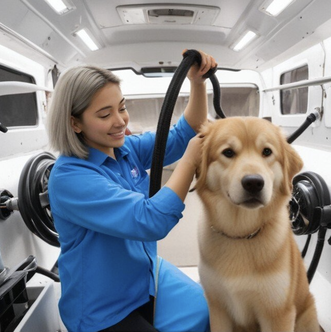 A dog being cleaned and trimmed inside of a mobile van outfitted for licensed mobile groomers