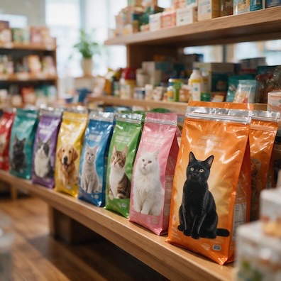 A row of colorful pet food bags is displayed on a wooden shelf in a pet store. The bags are arranged from left to right, with each bag featuring a different animal on its front. 