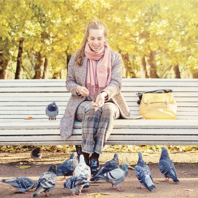 A woman feeding pigeons from a park bench