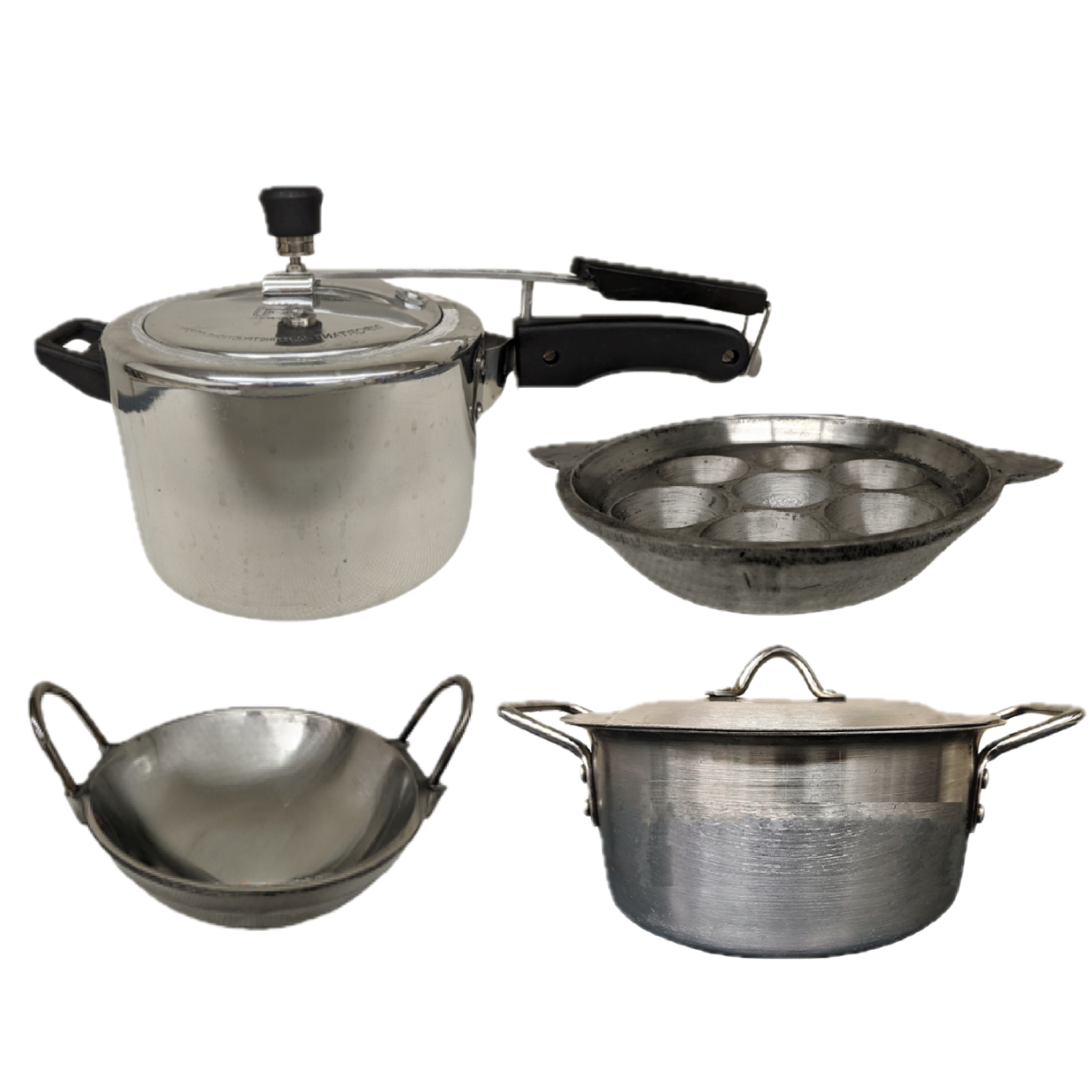 A collage of four different metal cooking pots is displayed against a white background. In the top left corner, a silver pressure cooker with black handles is positioned. To its right, a dark, circular pan with seven indentations for cooking is shown. In the bottom left, a small, dark, shallow pan with two handles is visible. Finally, in the bottom right, a silver pot with a lid and two handles is presented.