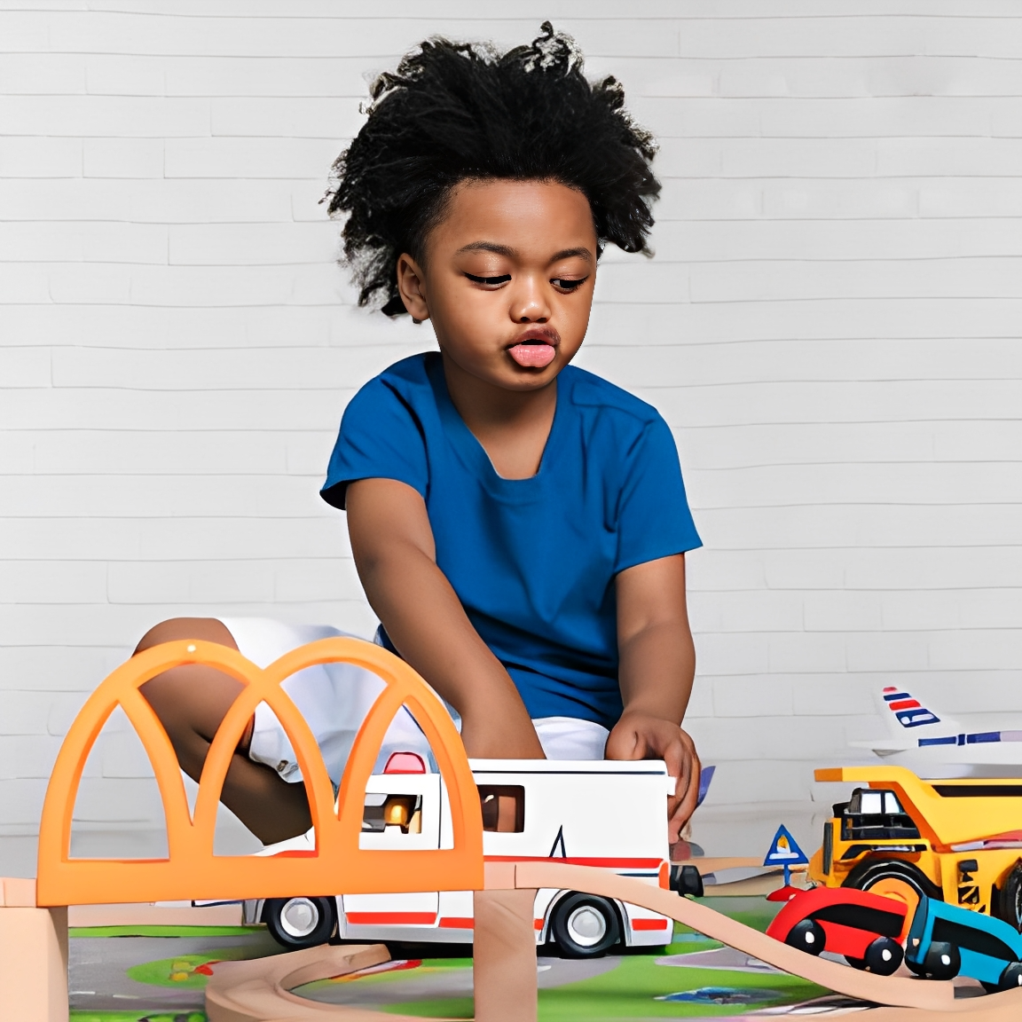 A young Black boy is sitting on the floor, playing with a toy ambulance and other vehicles. He is wearing a blue t-shirt and white shorts. In front of him is an orange toy bridge, and to his right, a yellow toy dump truck and a toy airplane. The background is a white brick wall. The boy is looking down at the toys with his tongue sticking out slightly.