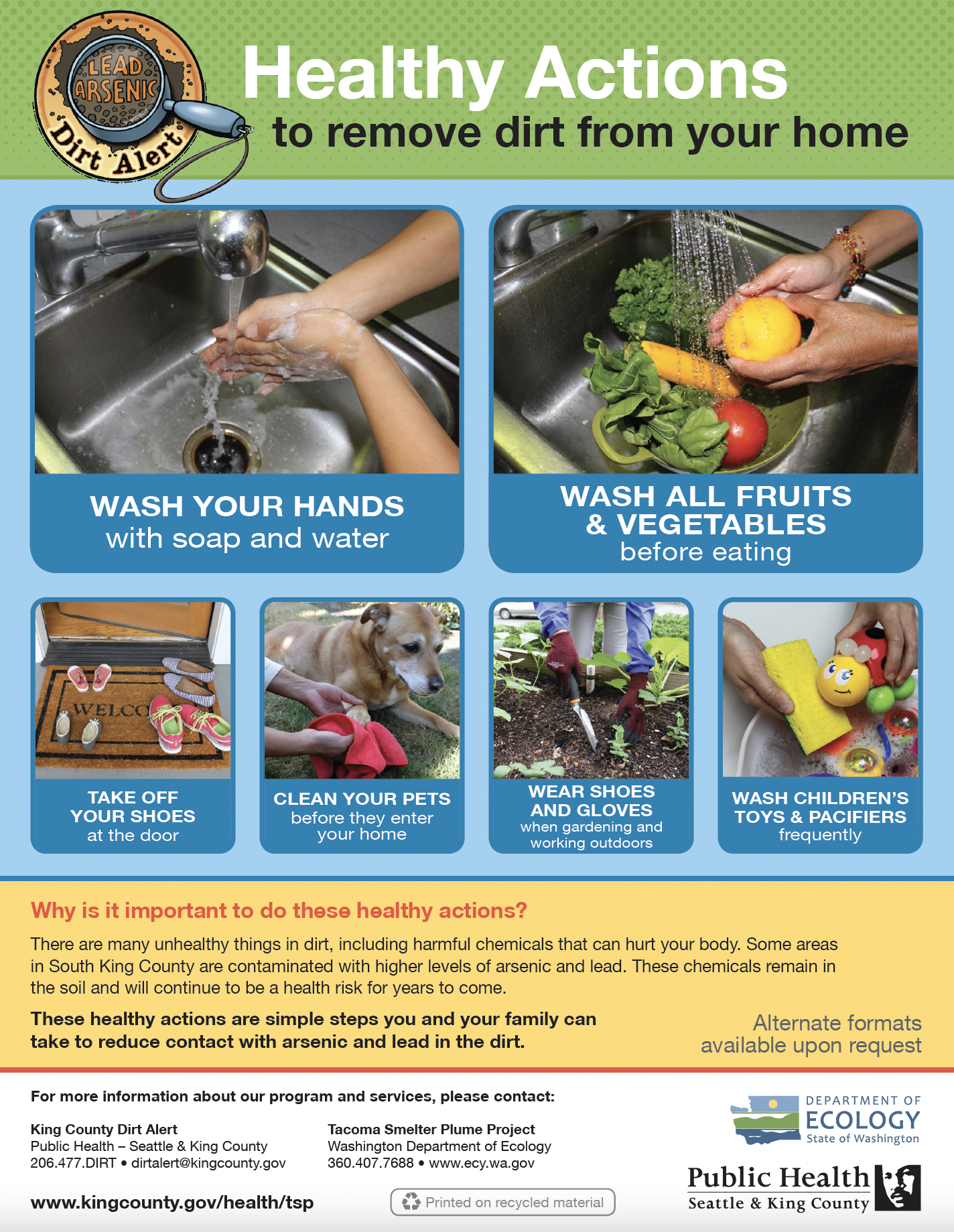 Full screenshot of the Healthy Actions poster describing how to remove dirt from your home.