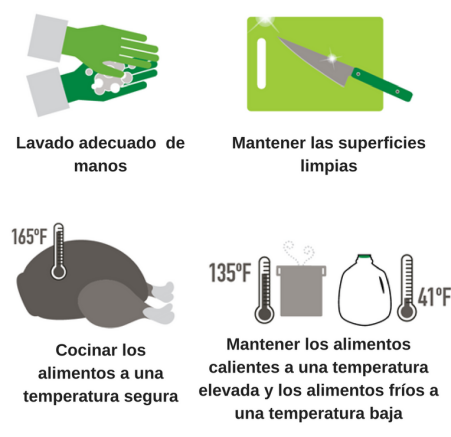 Visual illustration of four key food safety handling in Spanish