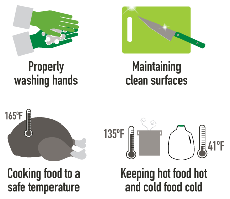 Visual illustration of four key food safety handling for washing hands, maintaining clean surfaces, safe food temperatures, and keeping hot foods hot and cold foods cold