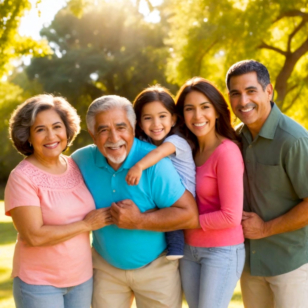 Five members of a Hispanic family including two parents, a grade-school daughter and grandparents standing outside on a lawn while the sun is shining
