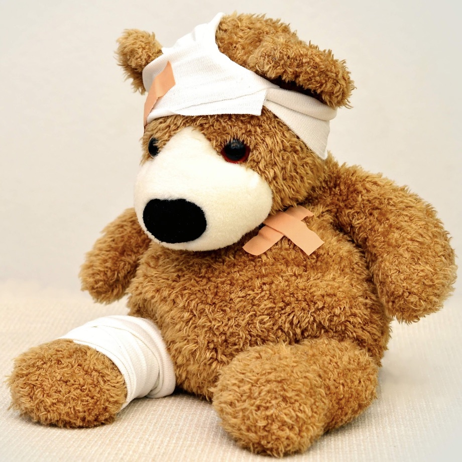 An injured teddy bear