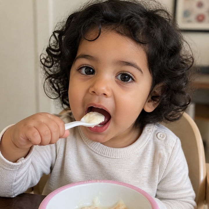 Toddler girl eating pureed food while sitting in a high chair in a kitchen dining room