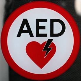 AED sign with symbol of heart and electrical bolt