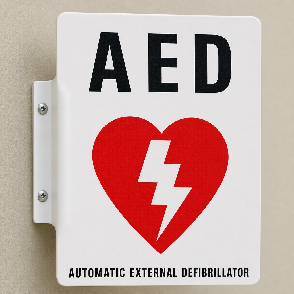 Metal wall sign to indicate available automatic external defibrillator (AED) is available at that location
