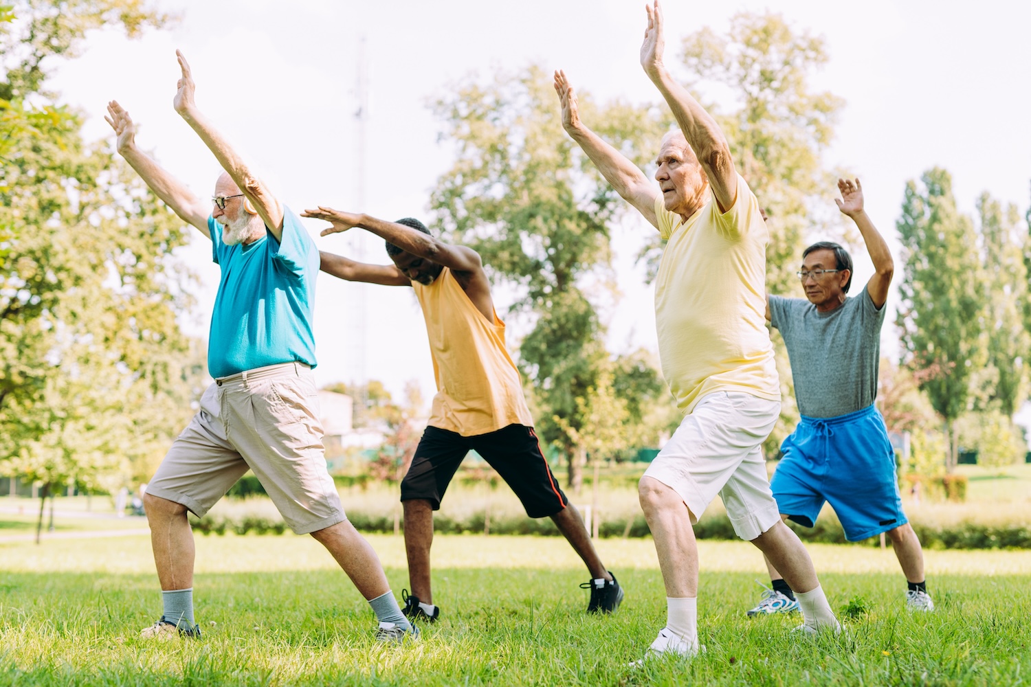 A group of four men of varying ethnicities and ages are performing a yoga pose in a park. The man in the foreground on the left is Caucasian, wearing a blue t-shirt and beige shorts, with his arms raised. To his right is a Black man in a yellow tank top and black shorts, also with arms raised. Next to him is a Caucasian man in a yellow t-shirt and white shorts, with his arms raised. The man furthest to the right is Asian, wearing a gray t-shirt and blue shorts, with his arms raised. They are all on a grassy field with trees and a bright sky in the background.