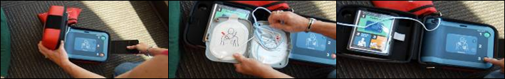 A banner of 3 images showing someone powering up an AED