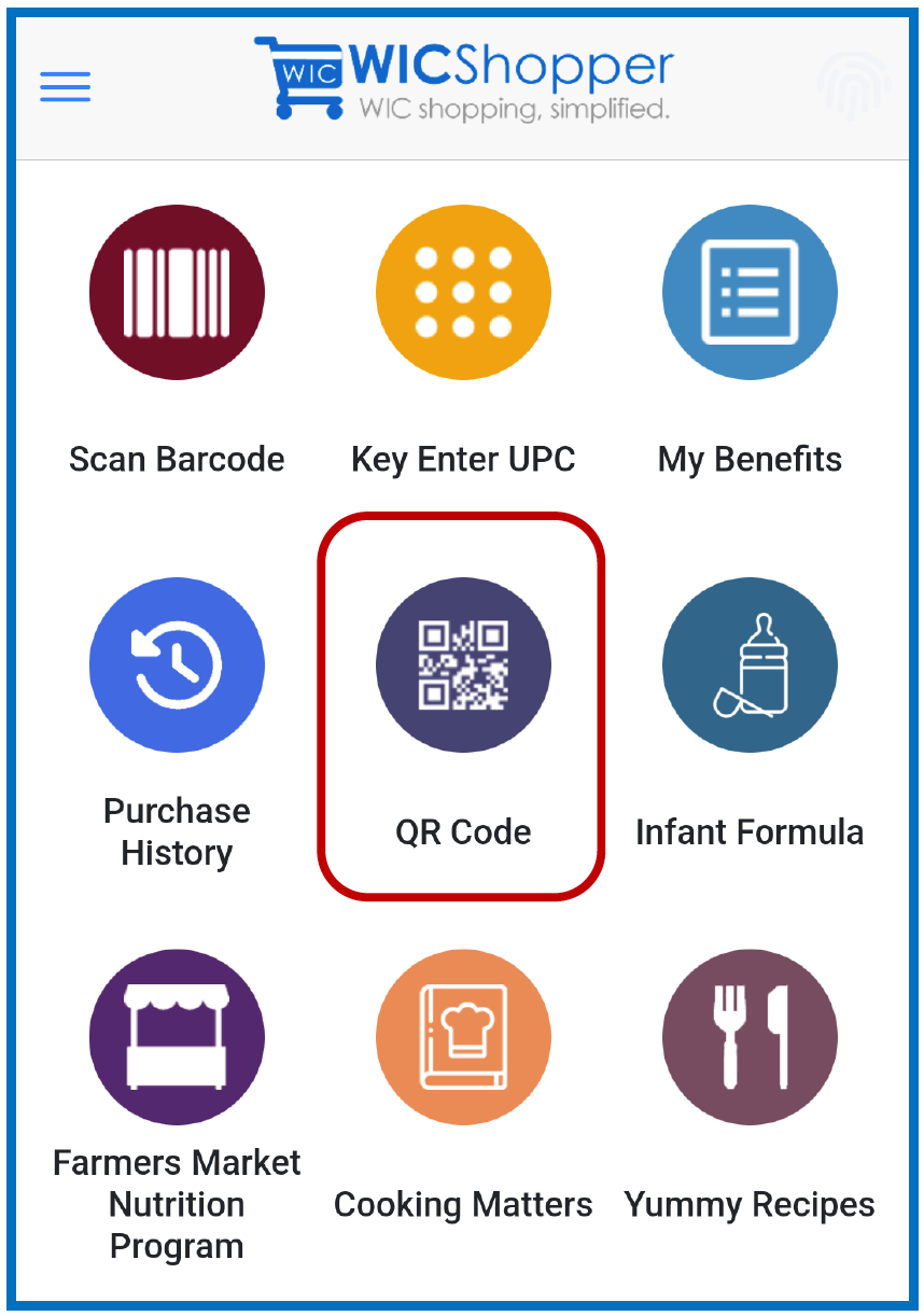 Screenshot of the QR Code option of the WICShopper app