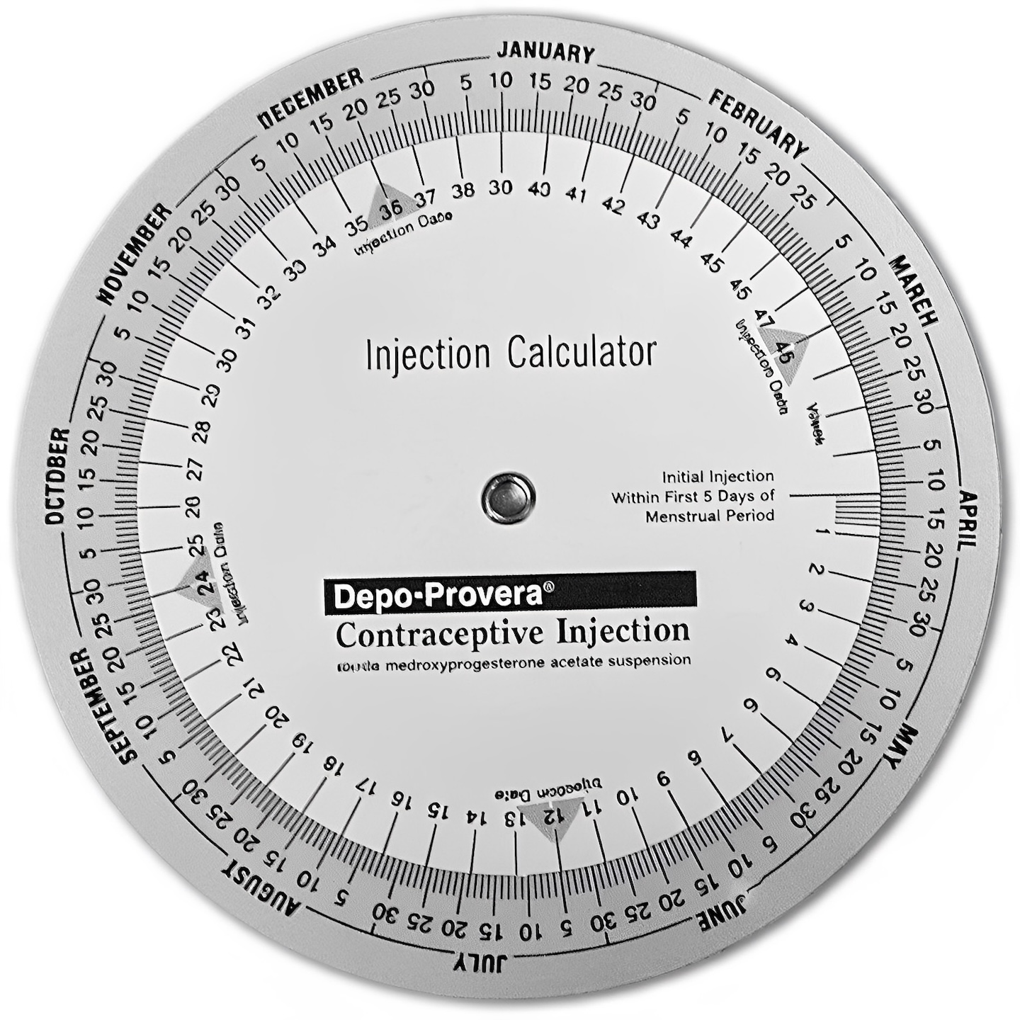 A circular injection calculator is shown from a top-down perspective against a white background. In the center of the calculator, the words "Injection Calculator" are printed in a large, bold font. Below this, the brand name "Depo-Provera®" is displayed in a black rectangular box, followed by "Contraceptive Injection" and smaller text indicating the type of suspension.