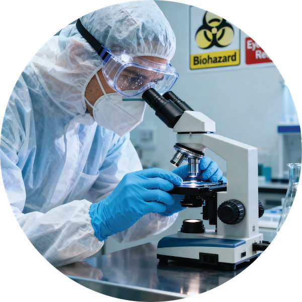 A lab worker dressed in full personal protection equipment while looking in a microscope in a sterile lab setting