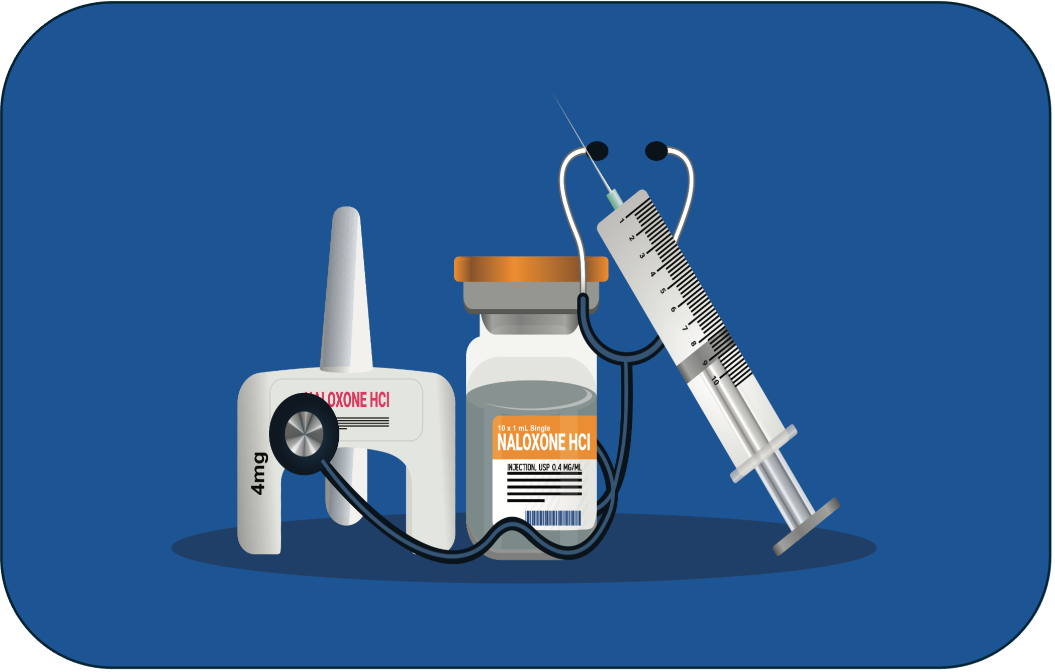 Icon image representing a drug overdose kit including Naloxone nasal spray, syringe, vial and stethoscope